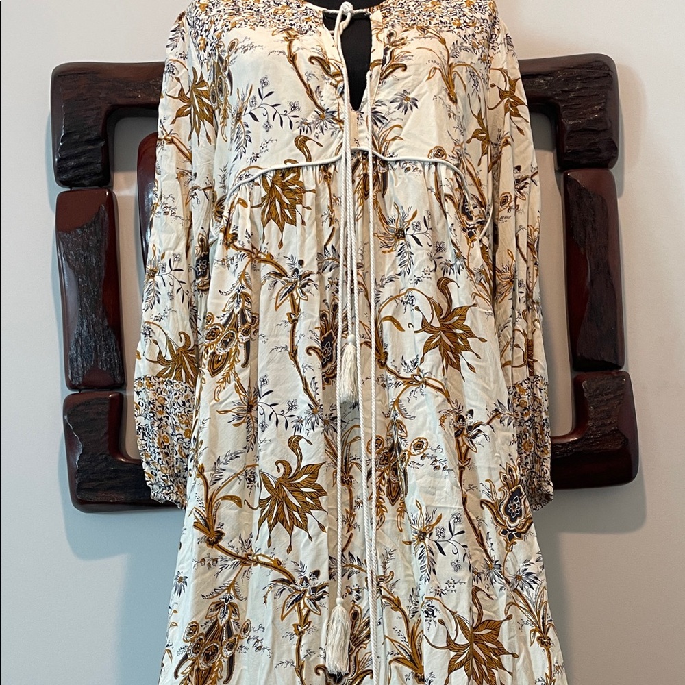 Elegant Cream Floral Bohemian Long Sleeve Dress